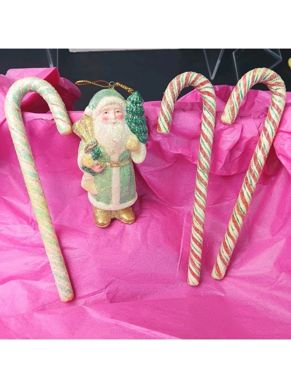 Ceramic Christmas Ornaments 3 Candy Canes 1 Santa Clause Glitter Heavy Ceramics